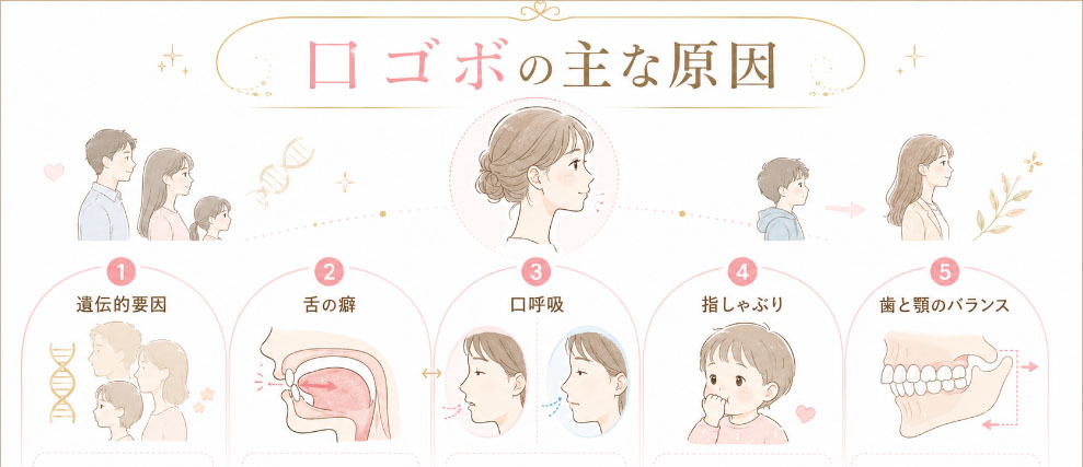 口ゴボの主な原因。遺伝的要因・舌の癖・口呼吸・指しゃぶり・歯と顎のバランス