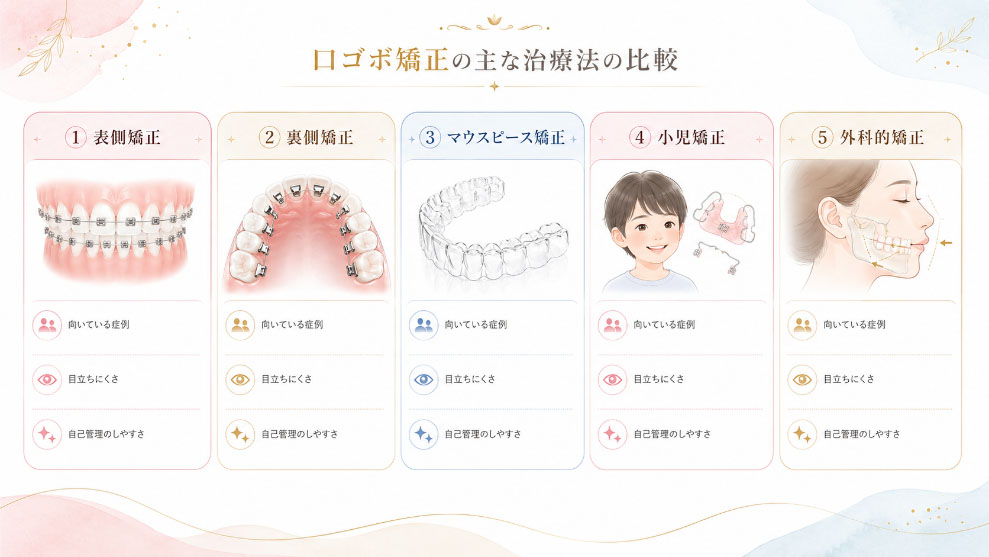 口ゴボ矯正の主な治療法の比較。表側矯正・裏側矯正・マウスピース矯正・小児矯正・外科的矯正