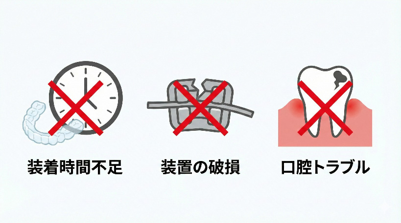 矯正治療の期間が長引く主な原因のイラスト