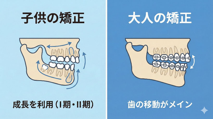 大人（成人）と子供（小児）の歯列矯正アプローチの違いを示す図