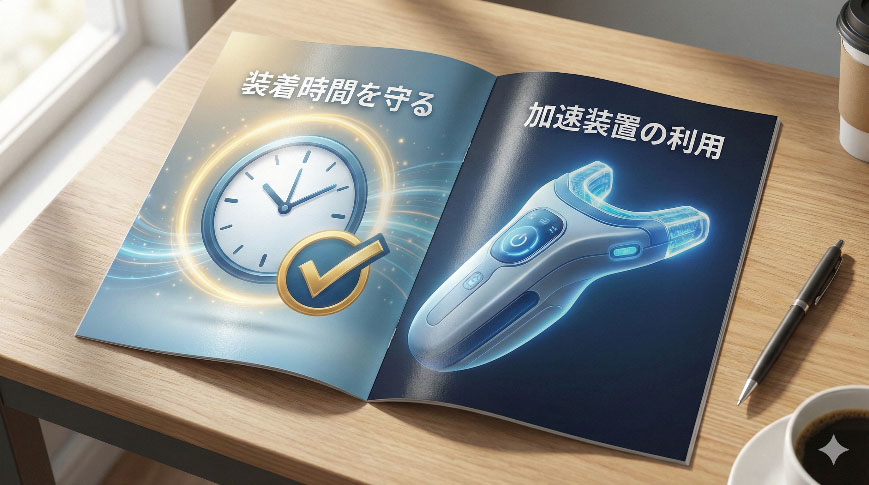 歯列矯正の期間を短縮する方法（装着遵守と加速装置）の図