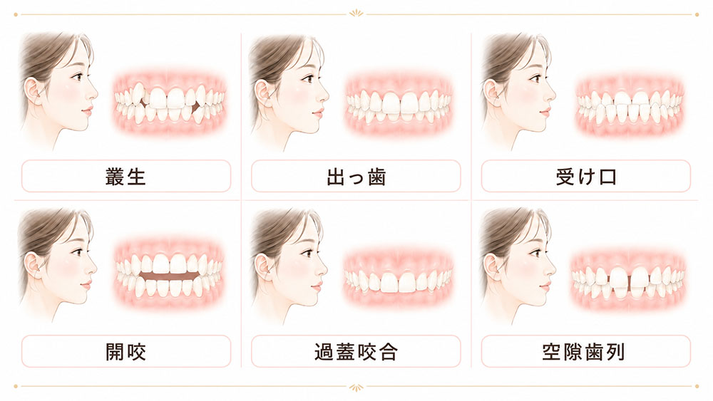 不正咬合の代表的な種類を比較した矯正歯科向けイラスト