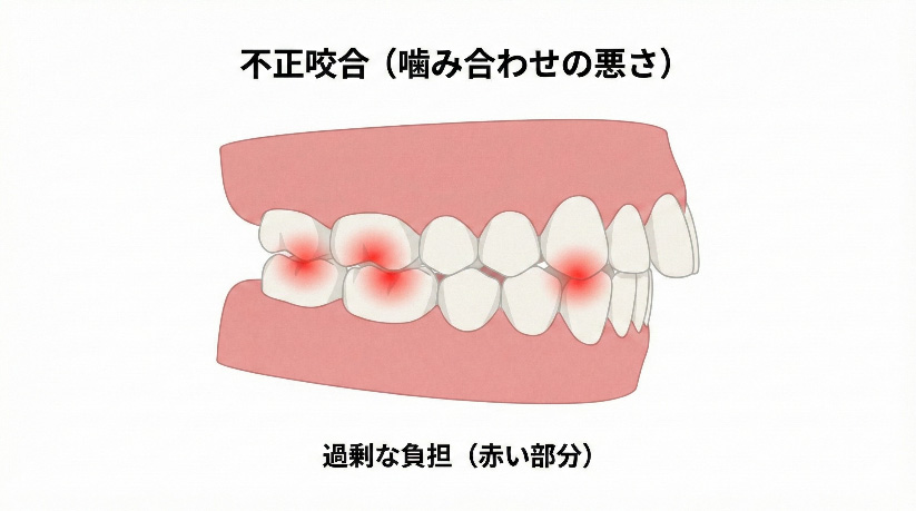 歯ぎしりの原因となる噛み合わせの悪さ（不正咬合）の図解