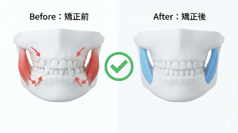 歯列矯正による噛み合わせの改善と筋肉の弛緩イメージ