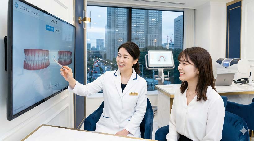 新宿の高級歯科クリニックで、認定医によるカウンセリングと3Dシミュレーションを受ける様子(実写)