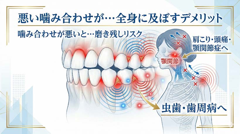 悪い噛み合わせが肩こり・頭痛・顎関節症へつながる模式図(イラスト)