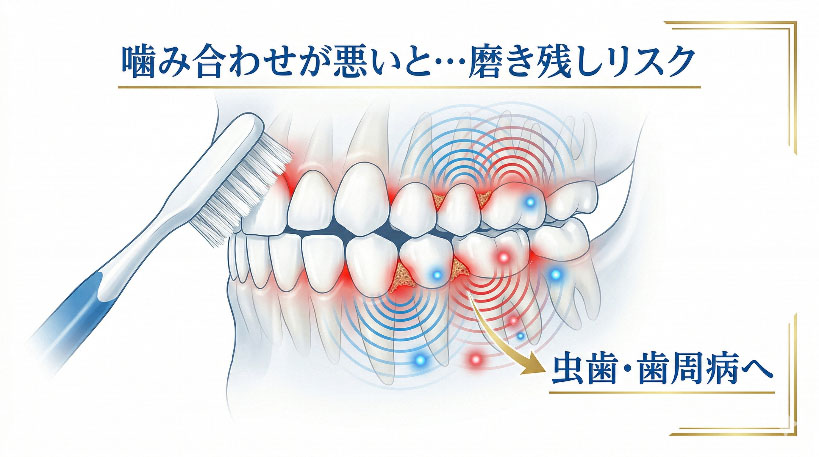噛み合わせが悪いと磨き残しリスクが高まり、虫歯・歯周病へつながるイメージ(イラスト)