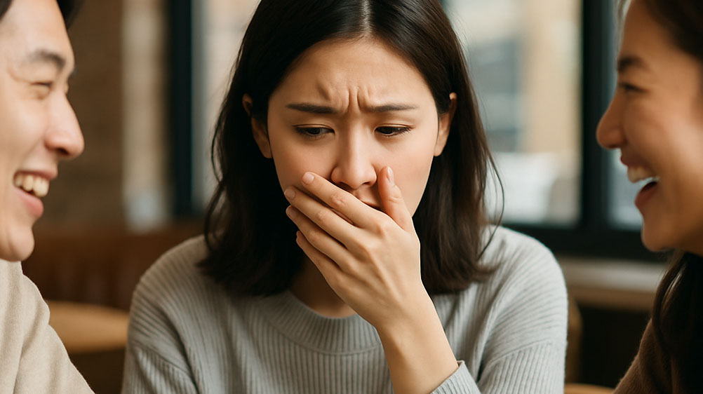 カフェで談笑中だが一人歯並びが気になっている女性