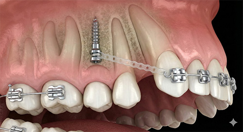 アンカースクリューを用いた犬歯の引き下げメカニズム