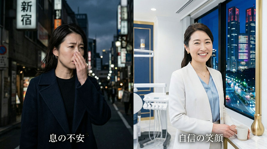 口臭に悩む女性が対策後に自信を取り戻すイメージ（実写）