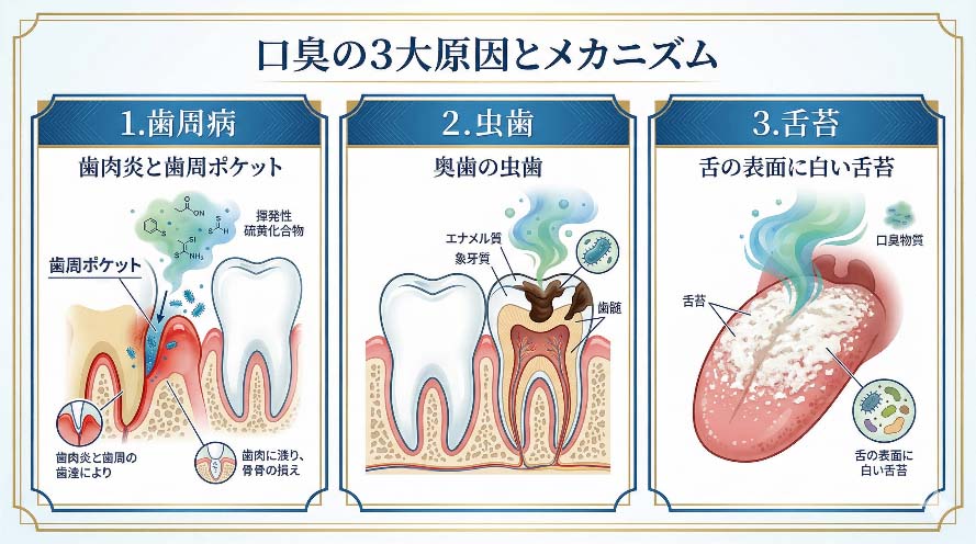 口臭の主な原因である歯周病・虫歯・舌苔を解説する図解イラスト