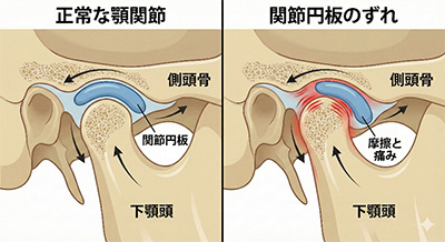 正常な顎関節と関節円板がずれた顎関節症3型の比較図