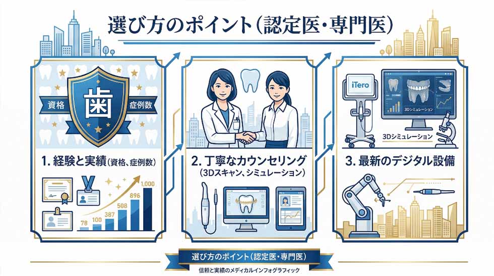 信頼できる矯正認定医・専門医を選ぶための3つの重要ポイント（イラスト）